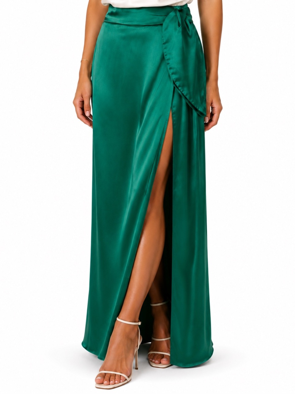 Isolda Silk Wrap Maxi Skirt Green Satin Side Slit Resort Vacation Wedding Guest - Picture 2 of 6